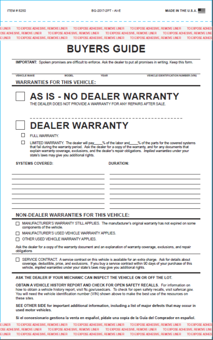 As is or Warranty Hanging 2-Part Adhesive 100 per Pack Car Mirror Buyers Guide Form 